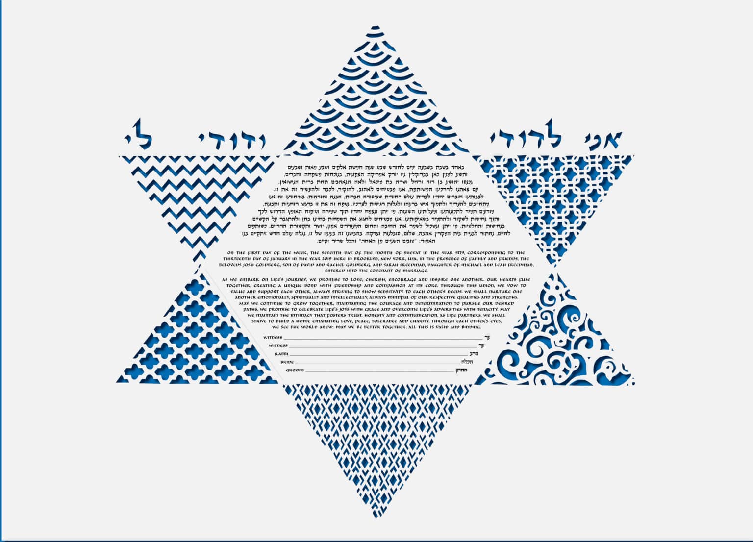 Diane Sidenberg Papercut Geometric Magen David Papercut Blue Ketubah Toronto