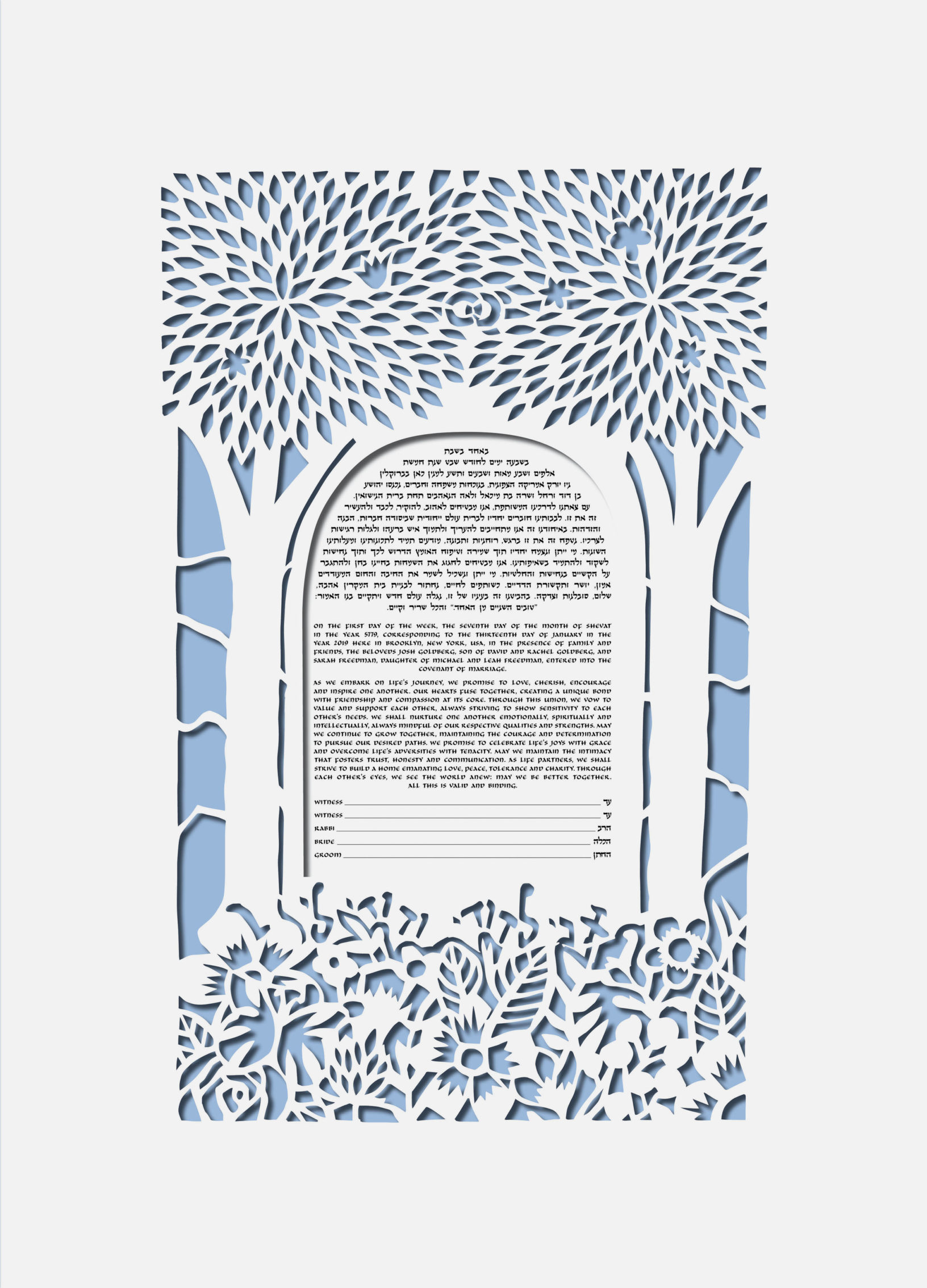 Diane Sidenberg Papercut Trees in the Garden of Eden Light Blue Ketubah Toronto