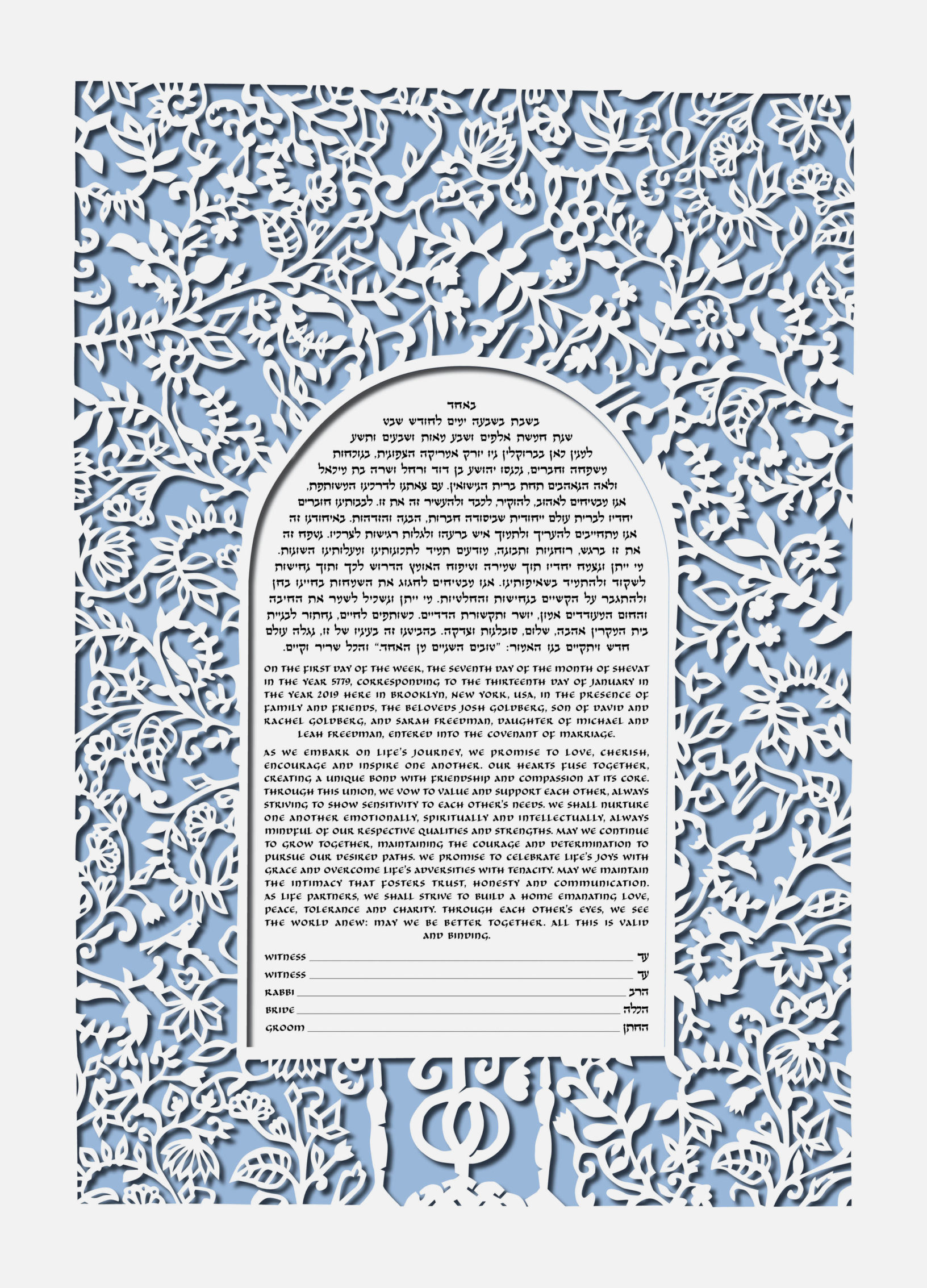 Diane Sidenberg Papercut Floral Fantasy Papercut Light Blue Ketubah Designs