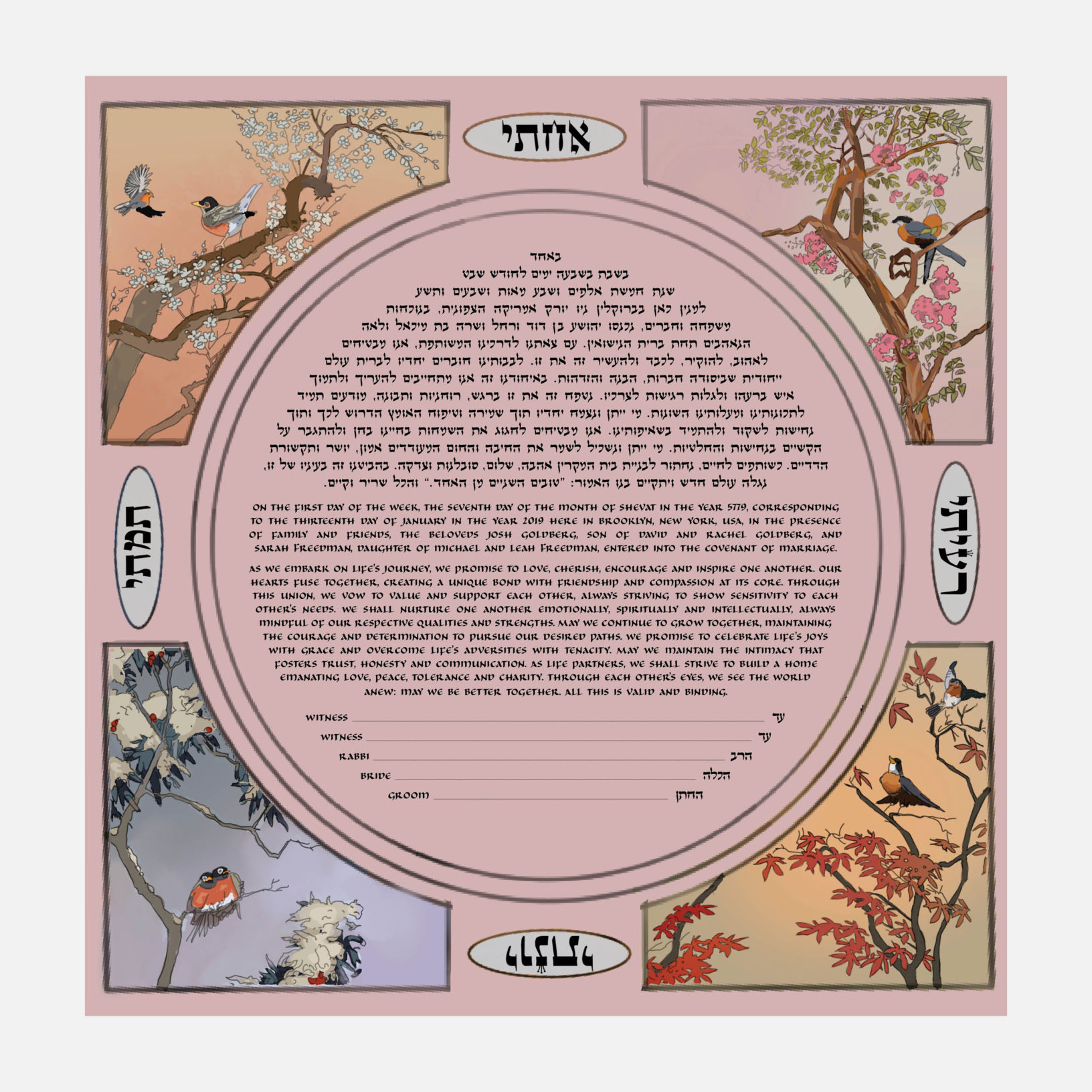 Esther Maxwell Giclee No Matter The Season Pink Ketubah Marriage Contracts