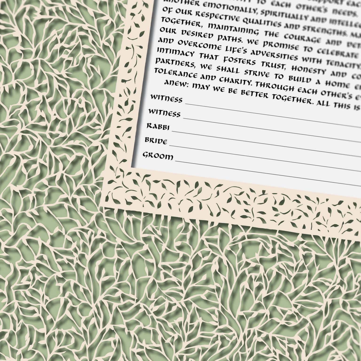 Ruth Stern Warzecha Papercut Foliage Papercut Wheat on Olive Ketubah For Sale
