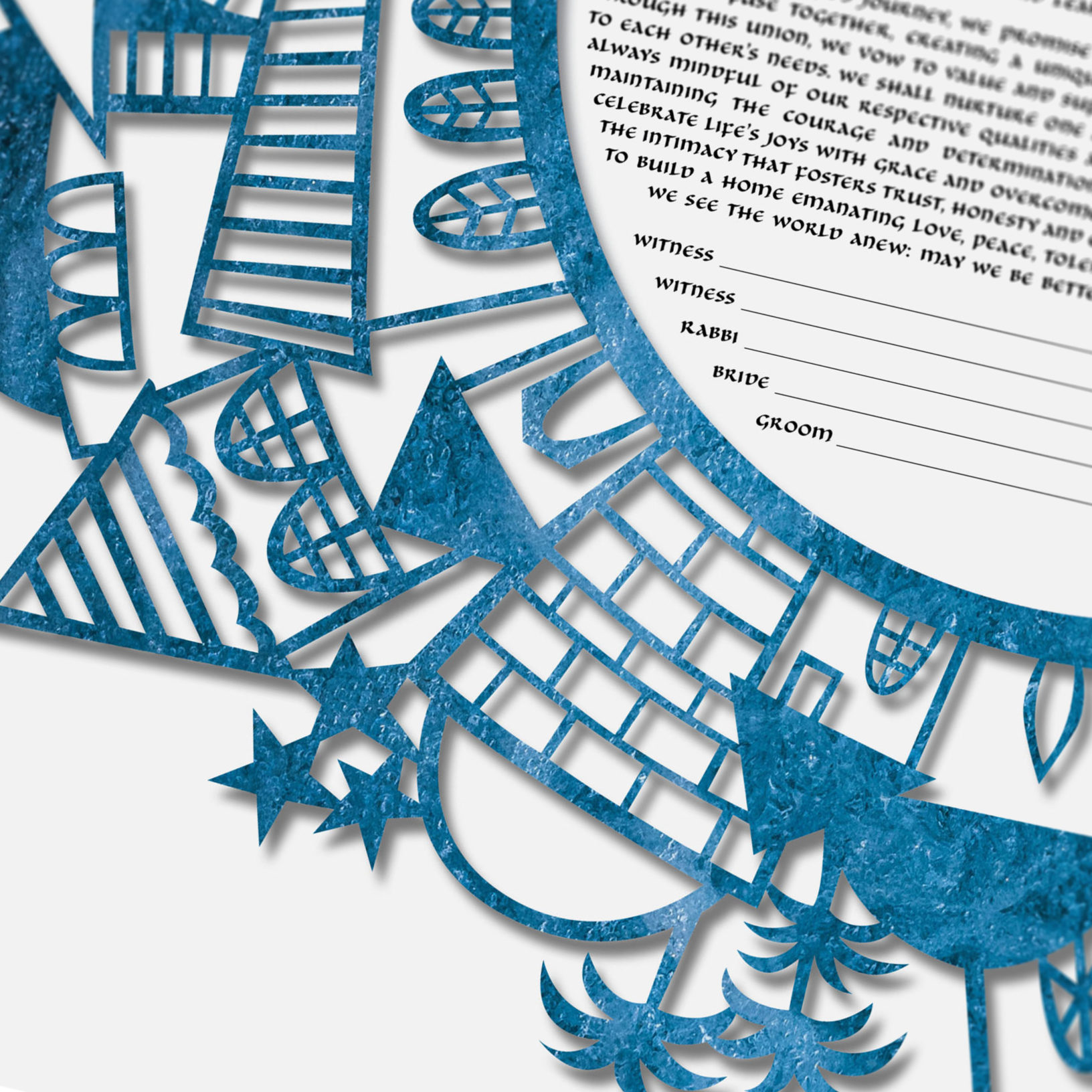 Chavi Feldman Papercut Jerusalem Papercut Blue Mist on White Ketubah Designs