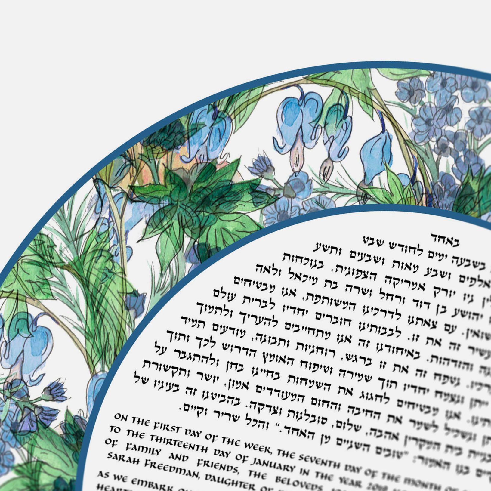 Patty Shaivitz Leve Giclee Floral Hearts Blues and Greens Ketubah Jewish Wedding Contract