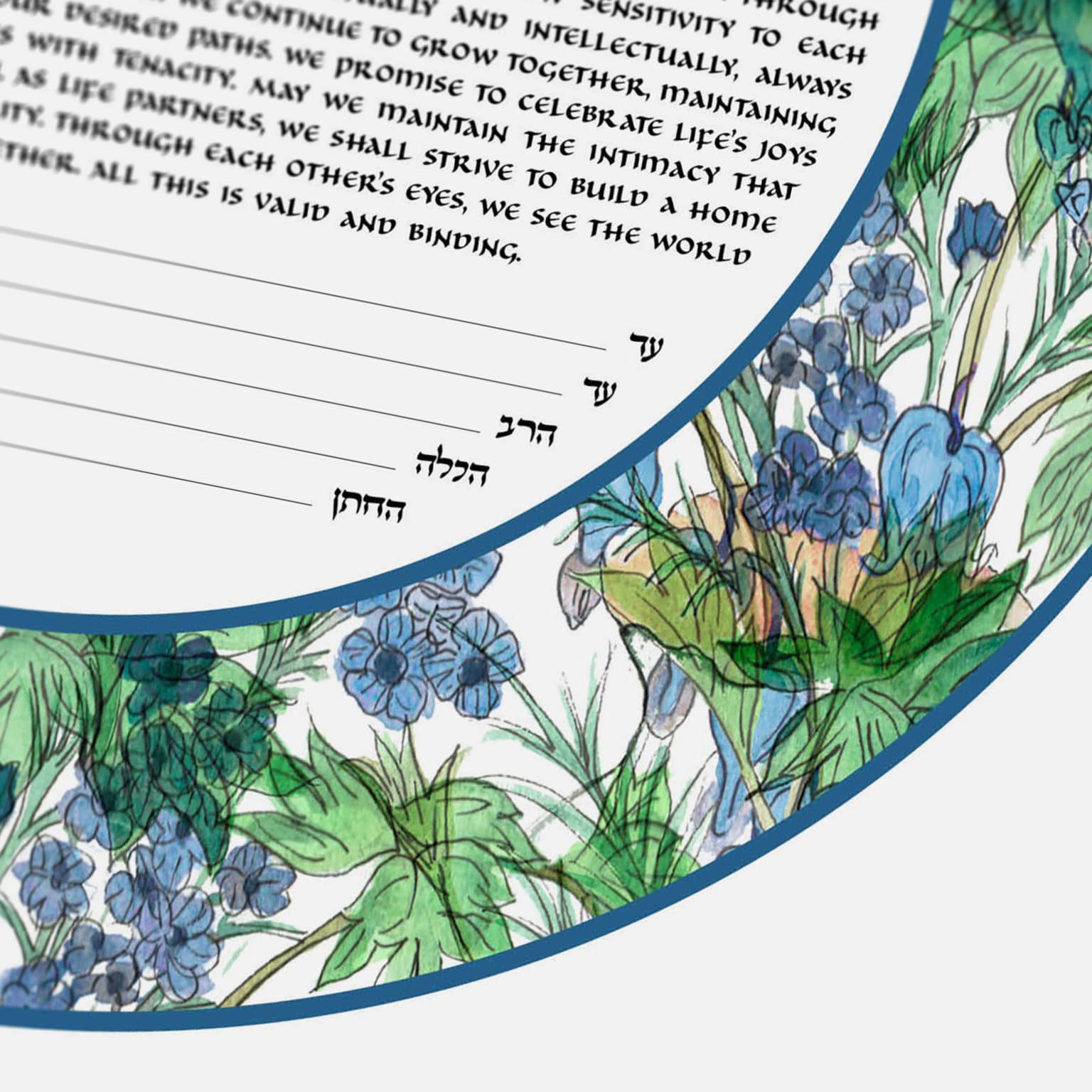 Patty Shaivitz Leve Giclee Floral Hearts Blues and Greens Ketubah Jewish Wedding Contract