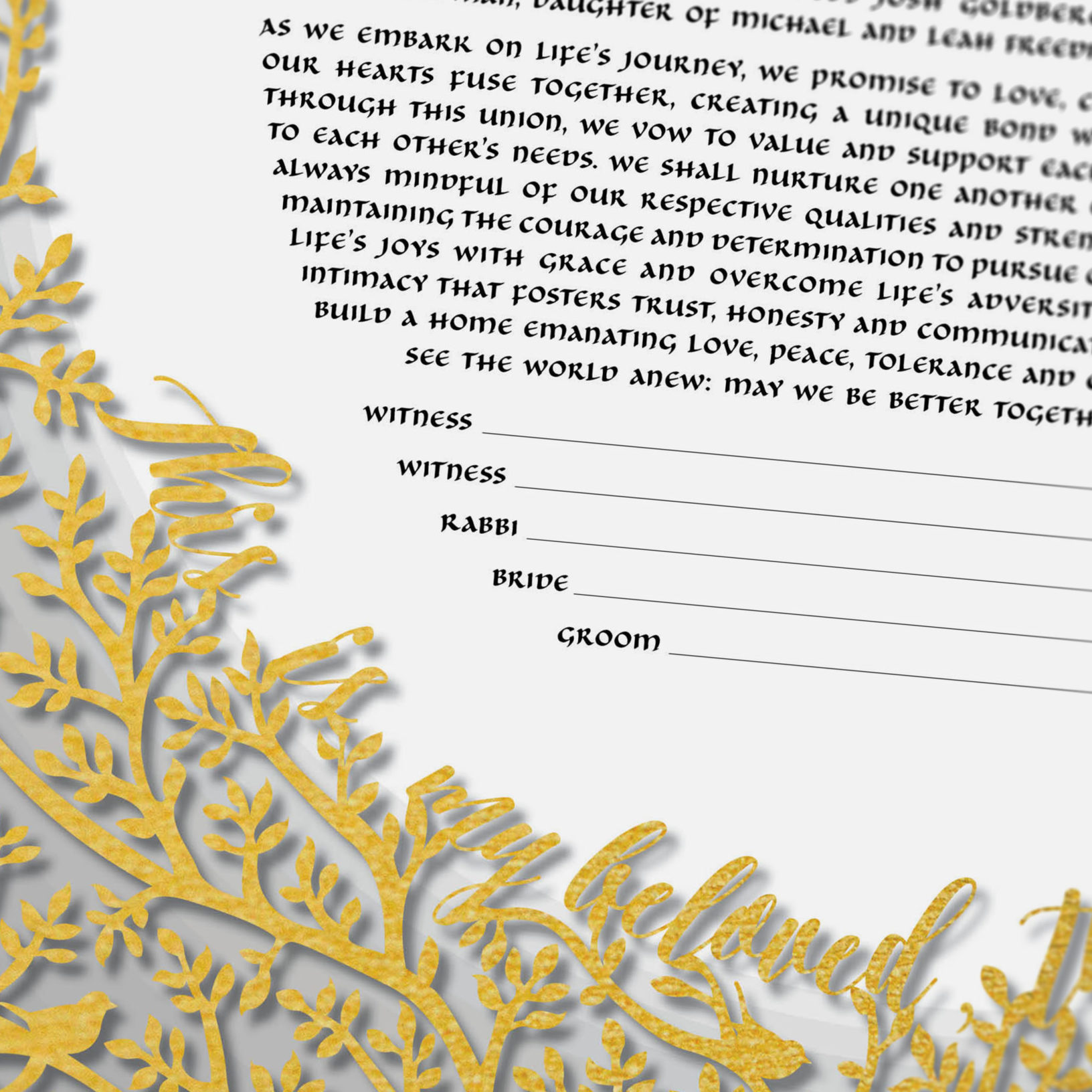 Lauren Rosenthal McManus Papercut Beloveds I Papercut Gold on Grayscale Fade Ketubah Marriage Contracts