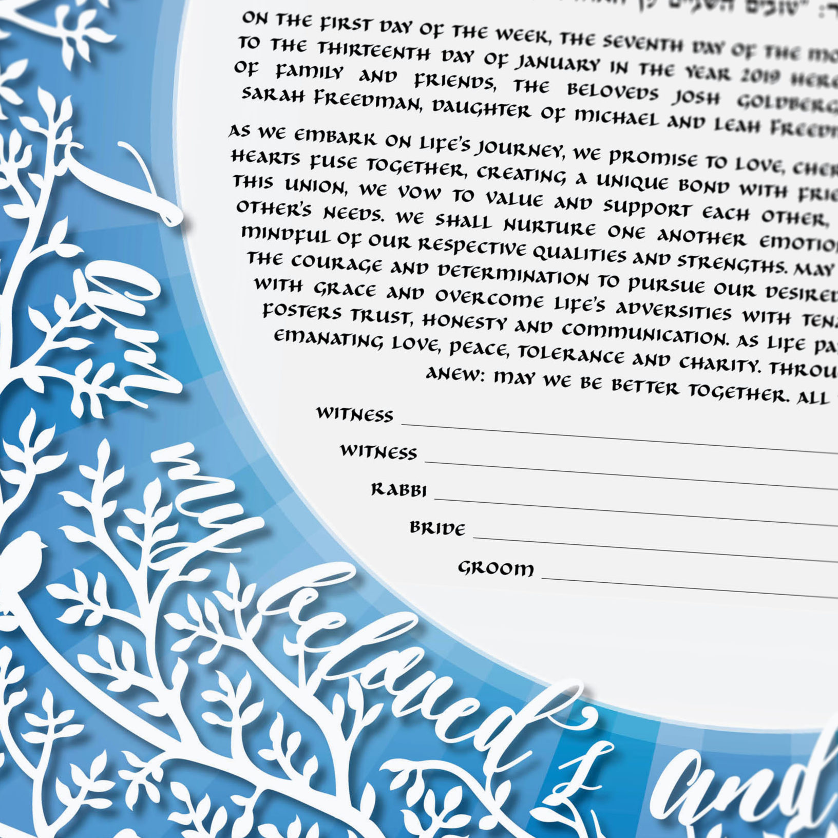 Lauren Rosenthal McManus Papercut Beloveds II Papercut Blue Rays Ketubah Marriage Contracts