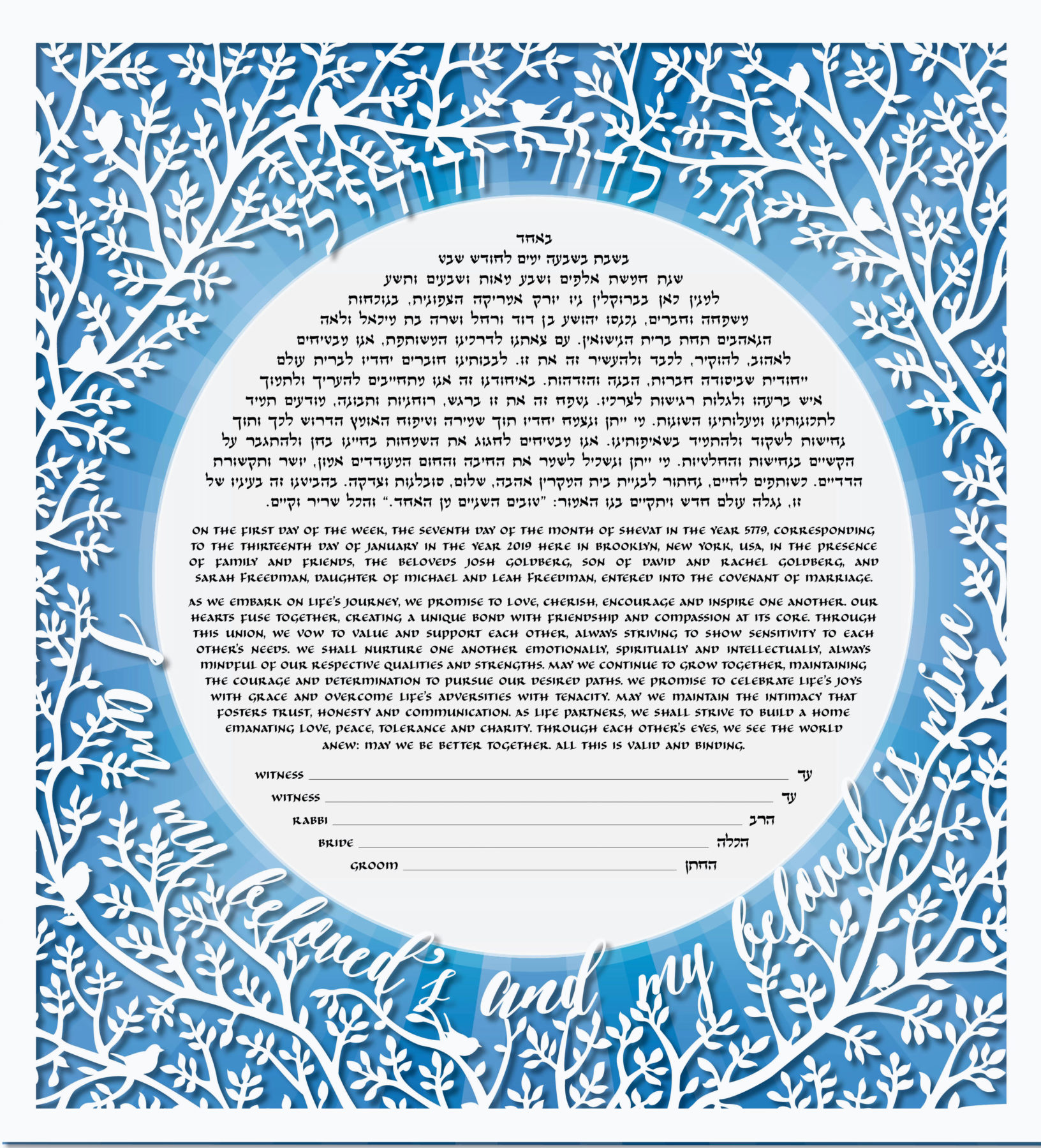 Lauren Rosenthal McManus Papercut Beloveds II Papercut Blue Rays Ketubah Marriage Contracts