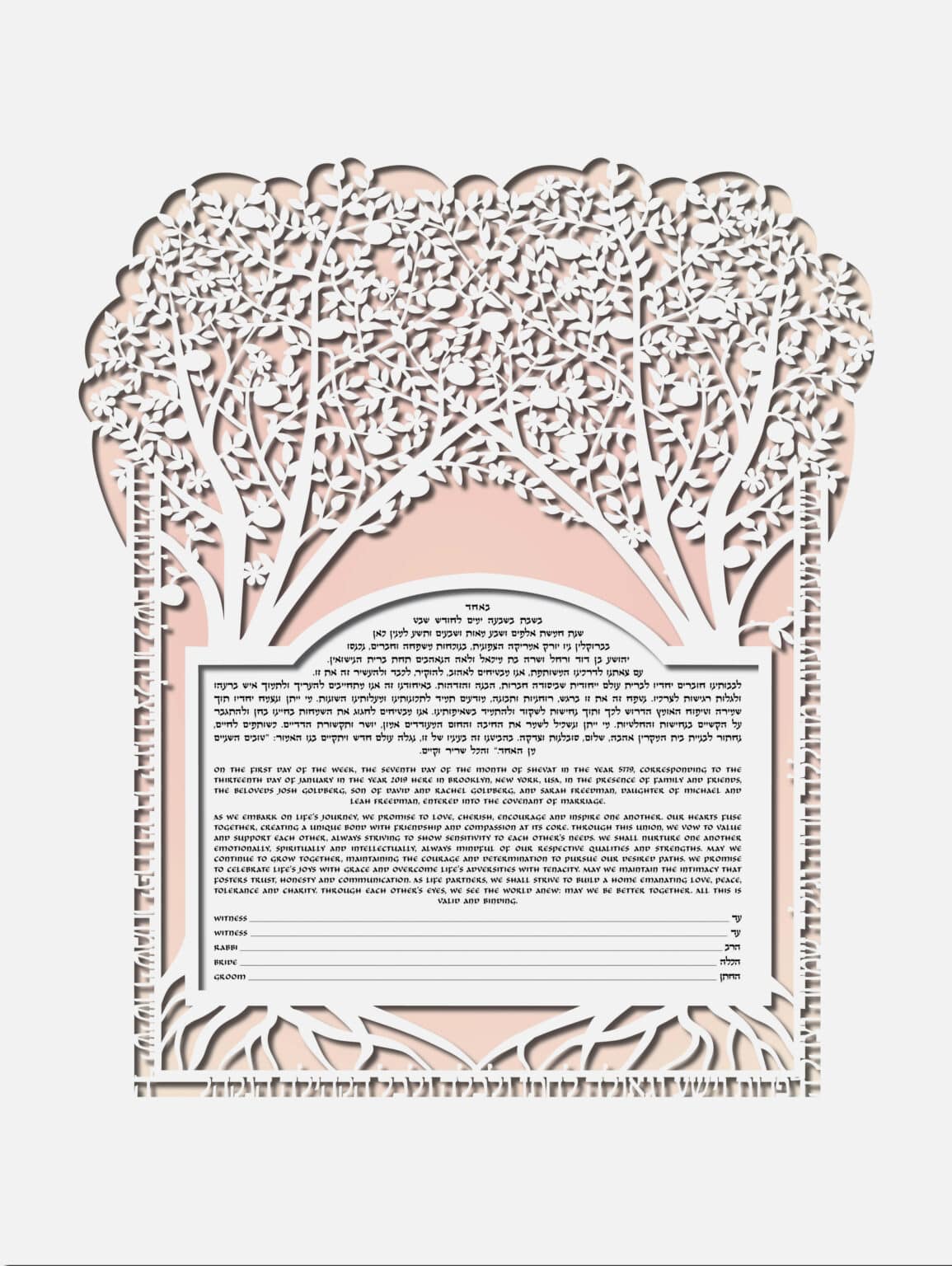 Enya Keshet Papercut Two Trees Papercut Rosey Cheek Ketubah Designs