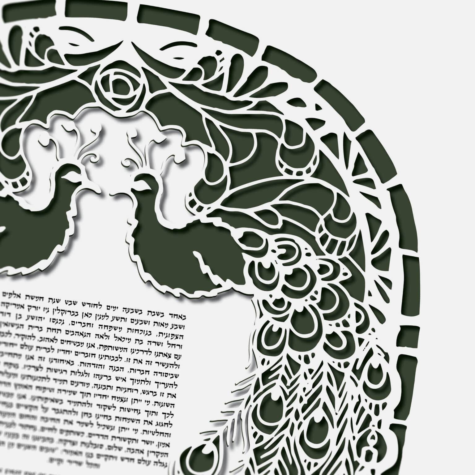 Melody Molayem Papercut Peacocks and Art Nouveau Roses Papercut Ivy Green Ketubah Toronto