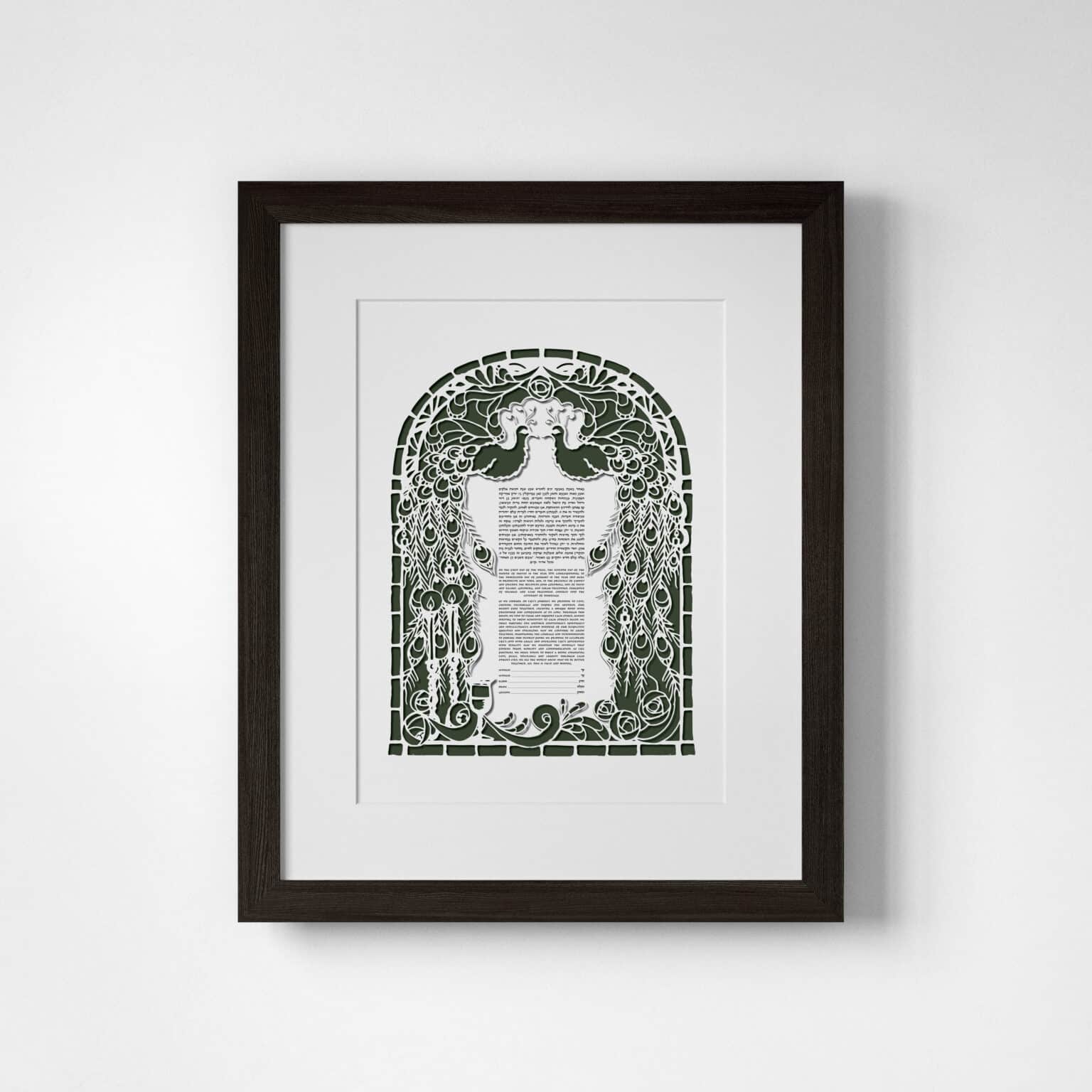 Melody Molayem Papercut Peacocks and Art Nouveau Roses Papercut Ivy Green Ketubah Toronto