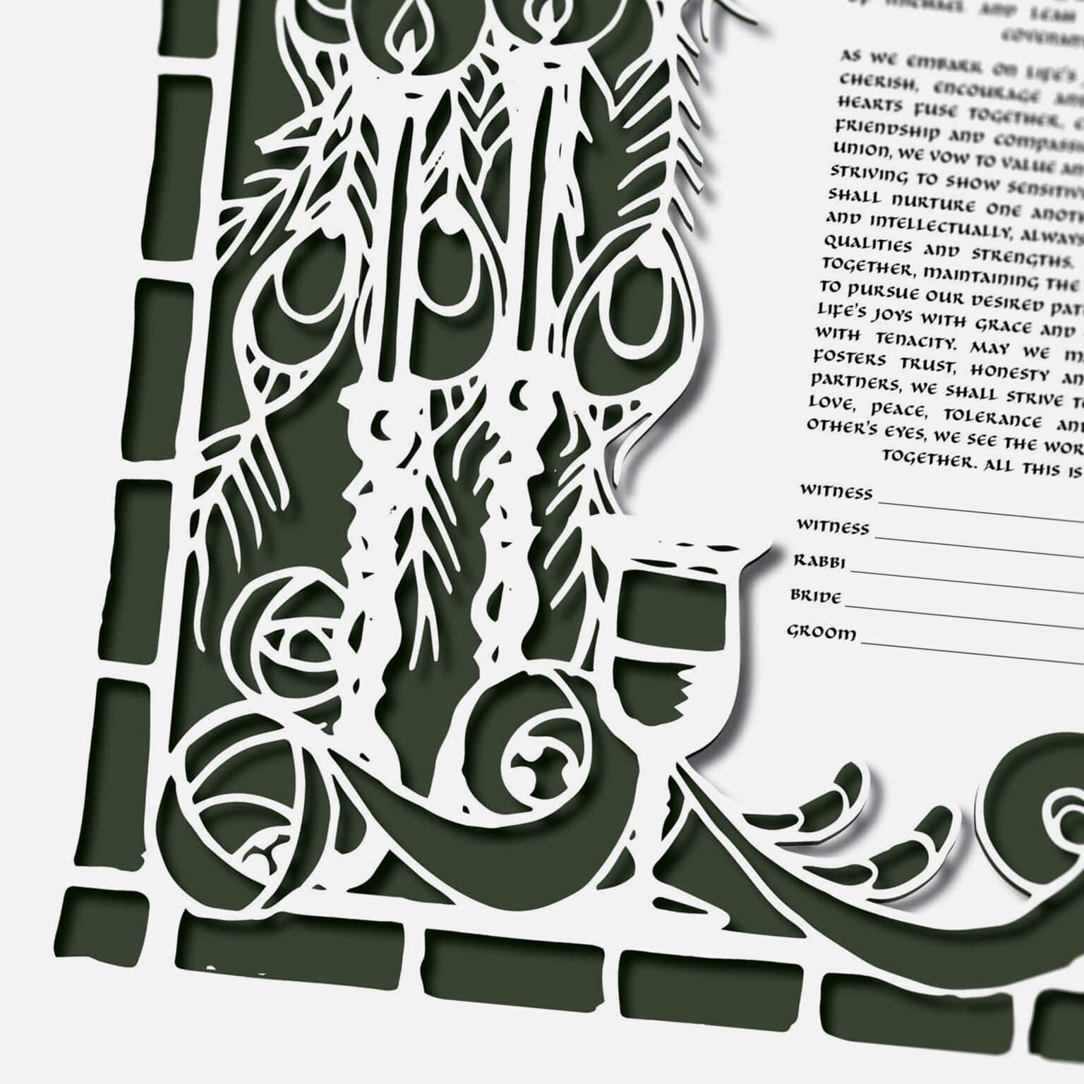 Melody Molayem Papercut Peacocks and Art Nouveau Roses Papercut Ivy Green Ketubah Toronto