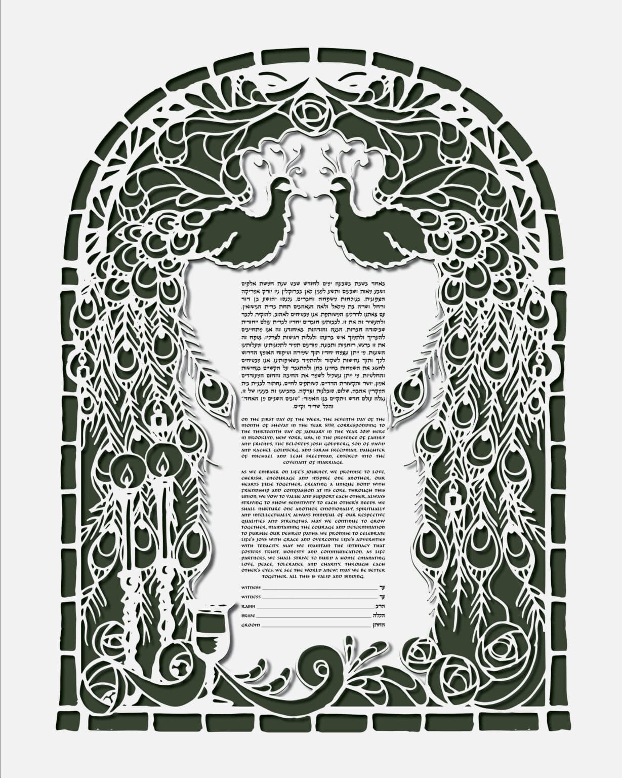 Melody Molayem Papercut Peacocks and Art Nouveau Roses Papercut Ivy Green Ketubah Toronto