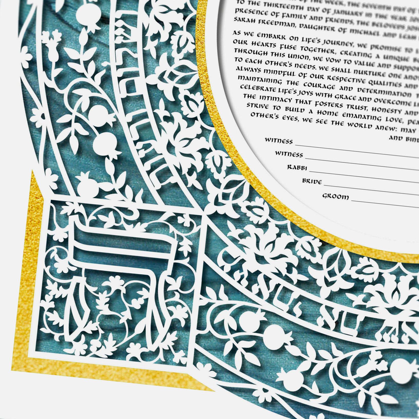 Enya Keshet Papercut Dalia Delight Papercut - Gold Leaf Aqua Silk Ketubah Online
