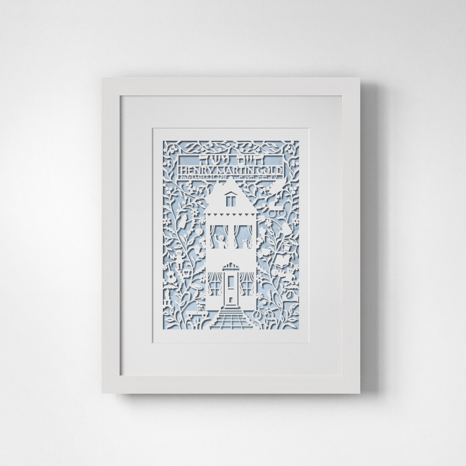 Enya Keshet Papercut Our House for a Baby Boy Blue Baby name fine art print Online