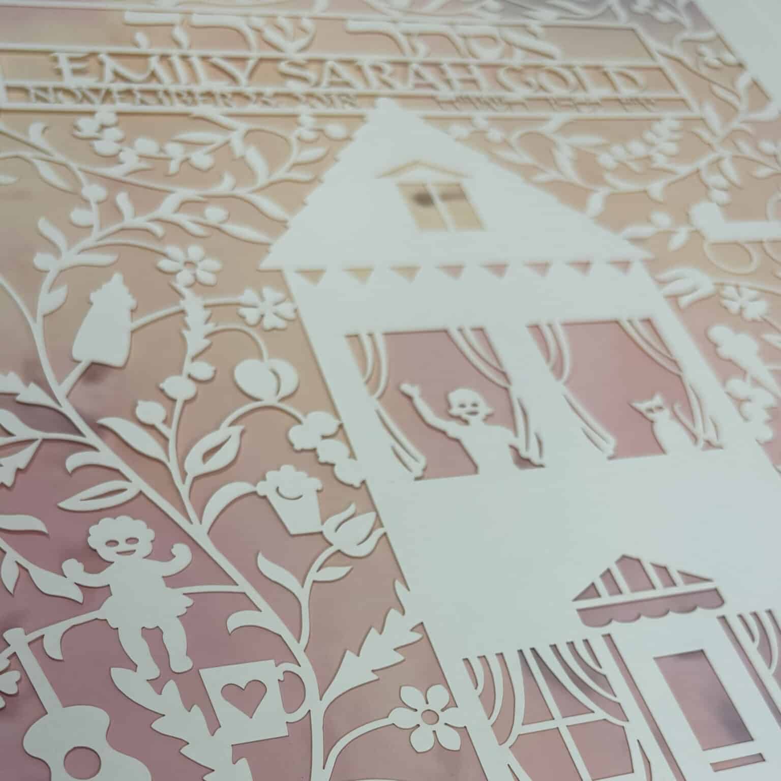 Enya Keshet Papercut Our House for a Baby Girl Orange/Pink Baby name fine art print For Sale