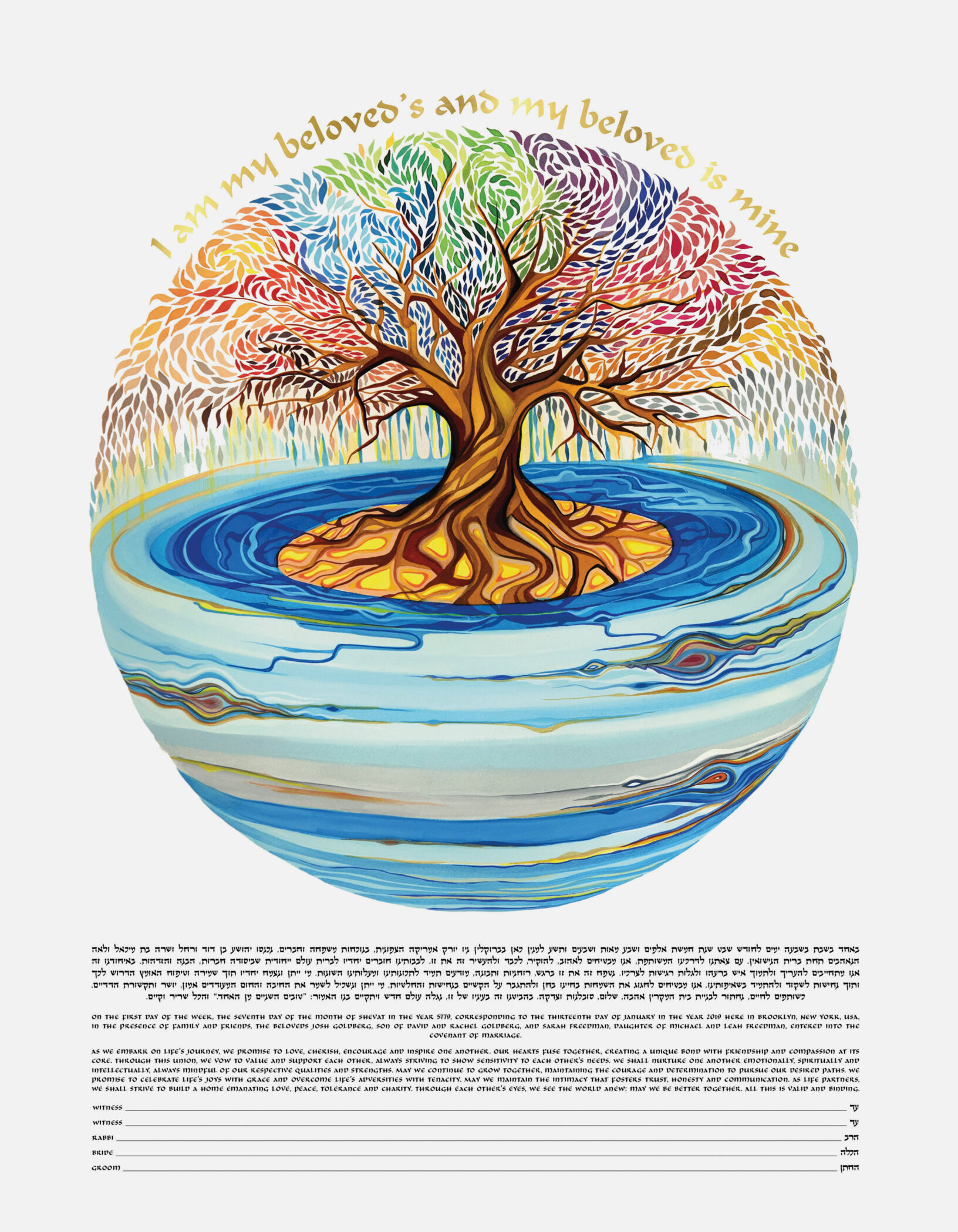Nava Shoham Gold & Silver Tree of Life Planetary - Gold Leaf Multi Ketubah Art