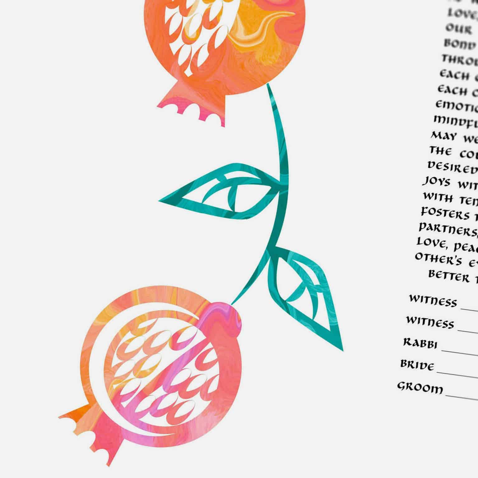 Naomi Broudo Giclee Pomegranate Branch Orange/Green Ketubah Toronto