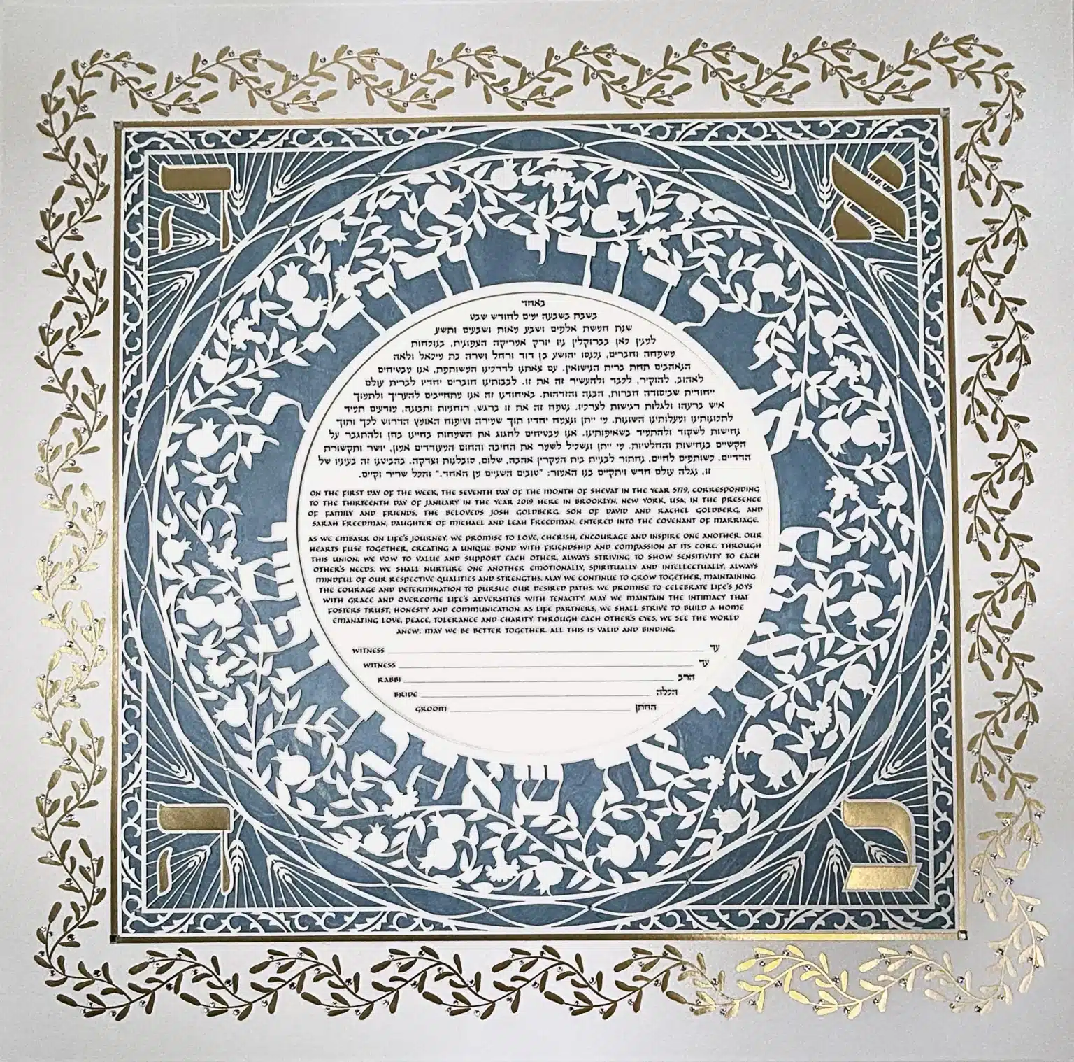 Enya Keshet Luxe Love Papercut Luxe Kurotani Silk Blue Ketubah Online